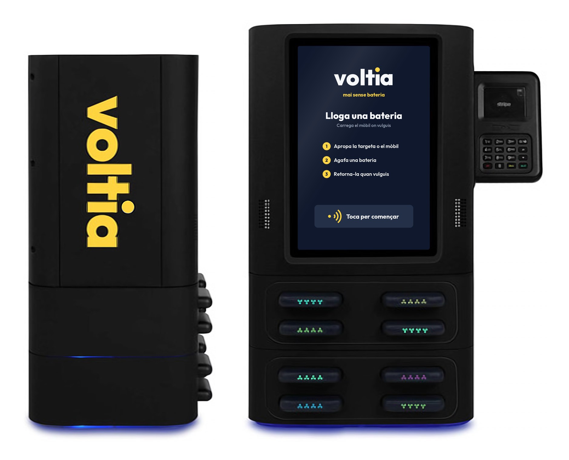 Estación voltia de 8 baterías, vista lateral y frontal, con pantalla de 10 pulgadas y lector de tarjetas